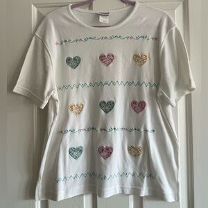 NWOT Vintage Bon Worth Grandma Core Hearts & Flowers Applique Embroidered Tee MP